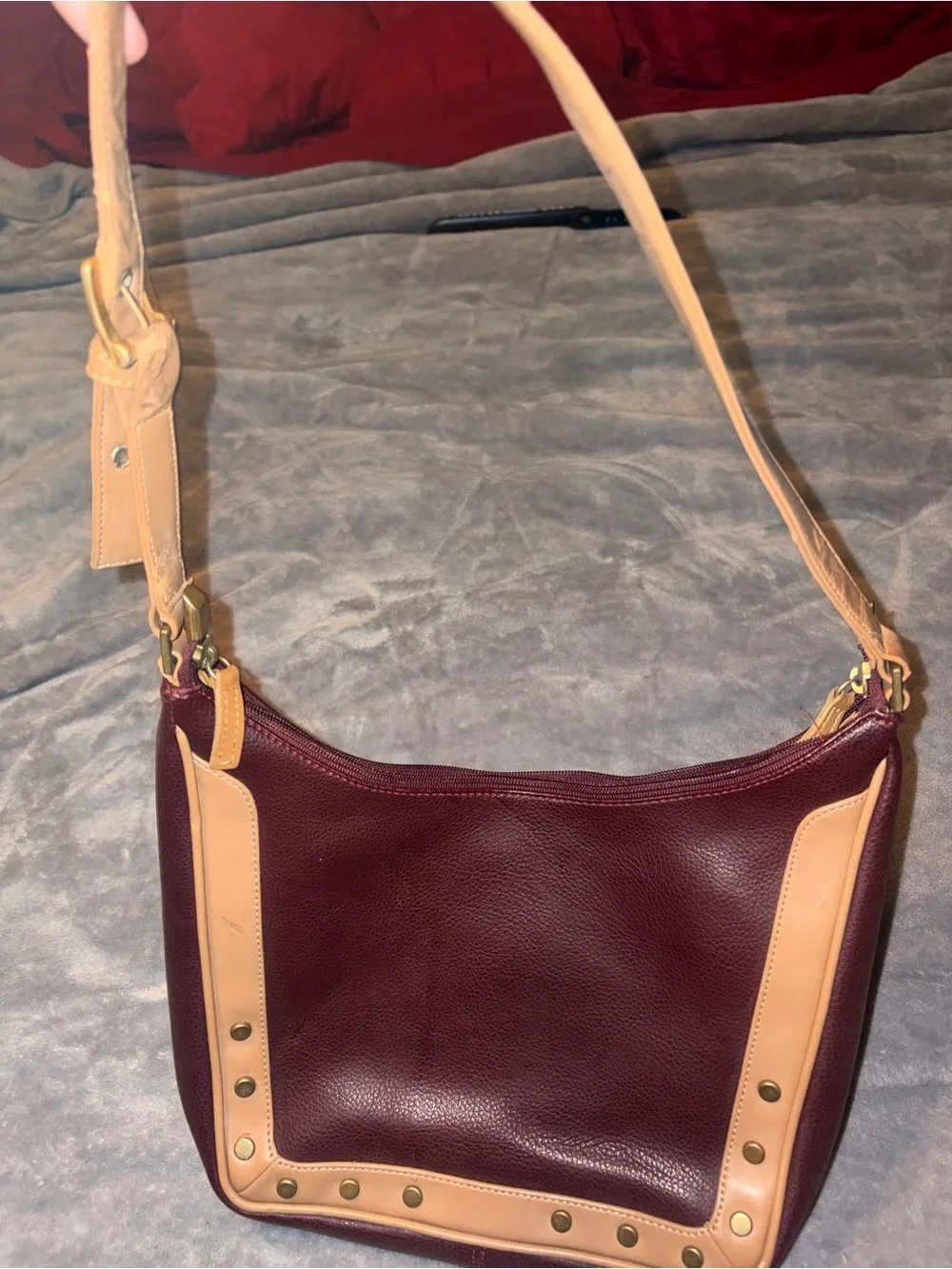 Y2K Made in Italy Burgundy & Tan Studded Shoulder Bag 2000s